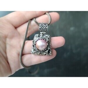 925 Sterling Silver Pink Pearl Ethereal Floral Chunky Pendant Necklace Vintage